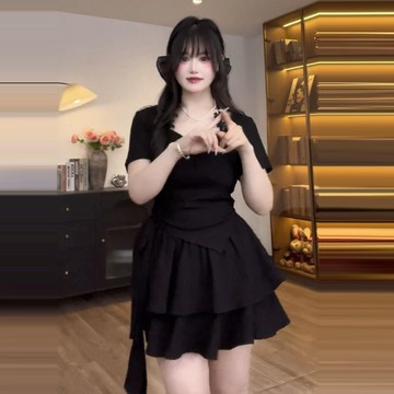佰分佰/100kg內可穿/大尺碼女裝/夏裝/純欲風/甜辣妹時尚套裝/辣妹上衣+蛋糕裙/顯瘦套裝/女生套裝