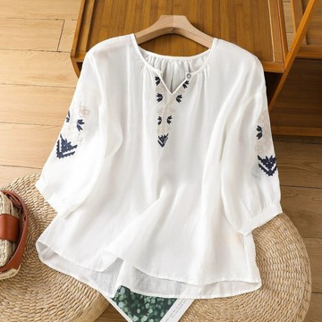 【雅韻衣櫥】 民族風 上衣 棉麻 刺繡 襯衫 女 夏季 重工 刺繡 薄款 v領 燈籠袖 透氣 五分袖