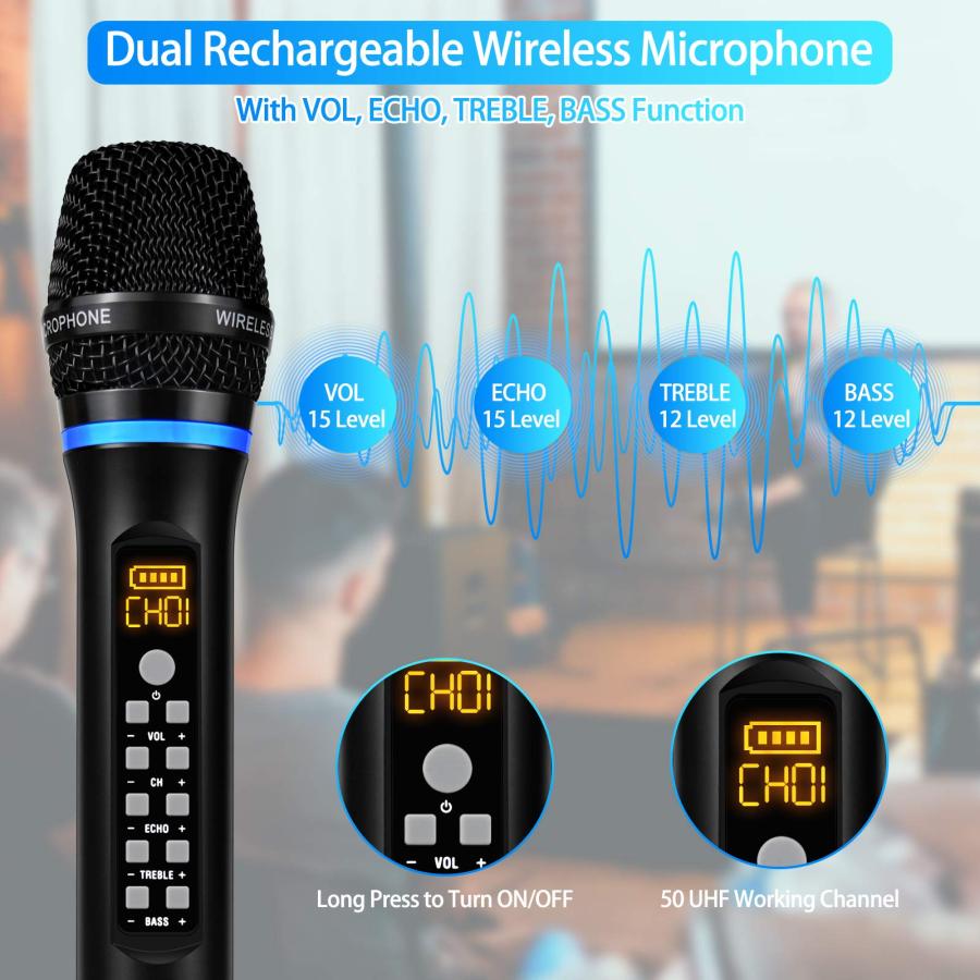 Kithouse J10 Wireless Microphone Karaoke System Rechargeable, UHF Metal Cordless Microphone Handheld with Volume Echo Treble BASS Control an