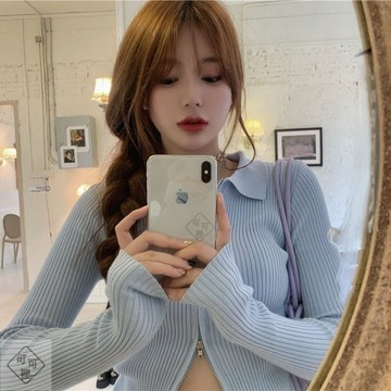 【可可裡】春秋韓版流行時尚女裝性感辣妹雙頭拉鏈翻領修身短袖針織開衫外套