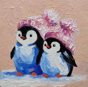 一對可愛的企鵝畫原創雀牆藝術動物小藝術品，油畫手工