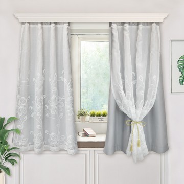 雙層刺繡窗簾 2片  法式花繡灰白  130 x 200cm
