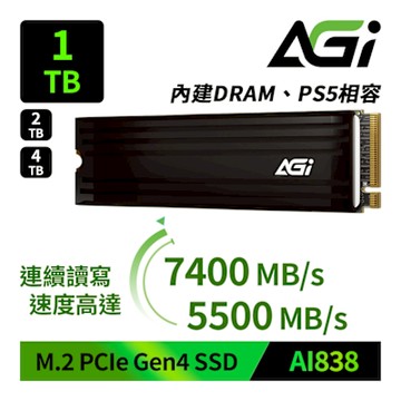 AGI亞奇雷 AI838 1TB M.2 PCIe Gen4 SSD 固態硬碟 帶散熱片 內建Dram 相容PS5 5年保