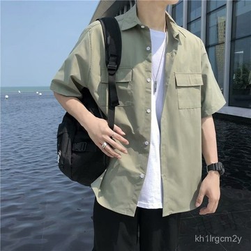 ❥限時購❥上衣 短袖襯衫 襯衫外套 shirt 休閒襯衫 外套 韓版 港風ins襯衫男短袖韓版純色工裝襯衣潮流夏季薄 D