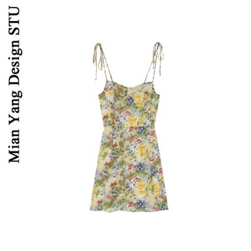 棉洋澳洲鄉村風情碎花連衣裙夏油畫度假仙女風性感露背度假吊帶裙