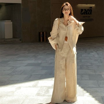M-4XL 韓版慵懶風襯衫外套+高腰休閒闊腿褲兩件套 大尺碼套裝 春夏女裝 韓版兩件套 慵懶風穿搭 寬鬆顯瘦套裝