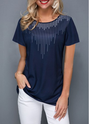 Printed Navy Blue Short Sleeve T Shirt