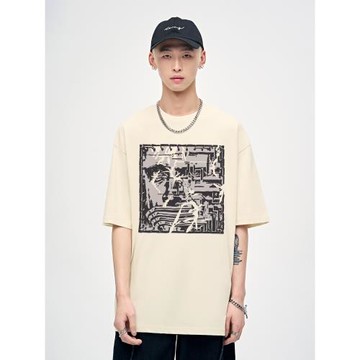 山小川潮牌像素人臉男士短袖t恤寬松純棉tee夏季美式圓領男生上衣