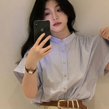 【PING'S🌞】夏季 法式 獨特 別緻 條紋 襯衫 女 夏款 設計感 小衆 襯衣 寬鬆 百搭 半袖 短袖 上衣