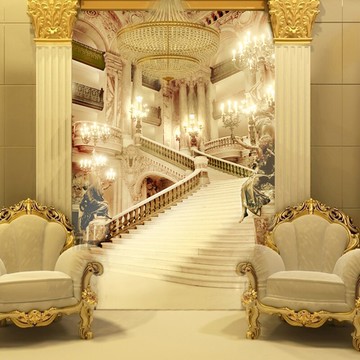 歐式3D立體延伸空間壁紙玄關壁畫宮廷奢華大氣別墅裝修過道墻布