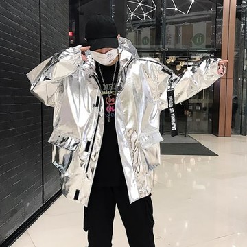 銀色亮面嘻哈夾克男ins國潮個性連帽hiphop帥氣外套潮流網紅抖音