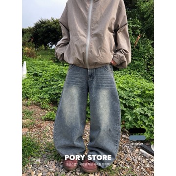 【PORY STORE】獨家！重磅❗️韓國刺繡燙鑽彎刀褲 挺版 舒適 韓系 實拍 穿搭 男女 寬鬆 牛仔褲 牛仔寬褲