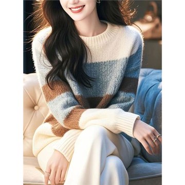 2025年秋冬新款日系條紋針織衫氣質舒適圓領打底衫甜美套頭毛衣女