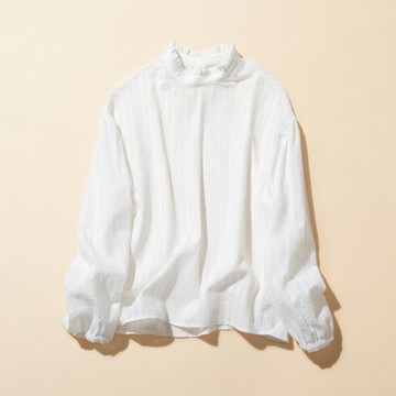 氣質荷葉領長袖襯衫 透氣棉質提花  精緻細節 輕熟魅力 230202-1