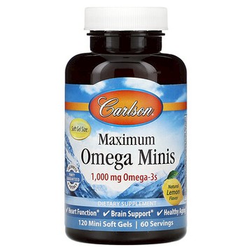 Carlson, Maximum Omega Minis，天然檸檬味，1,000 毫克，120 粒迷你軟凝膠（每粒軟凝膠 500 毫克）