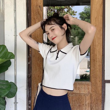 夏裝polo領撞色短款針織衫修身顯瘦短袖T恤女學生上衣1入