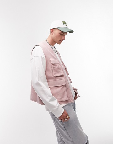 Topman cord pocket gilet in pink