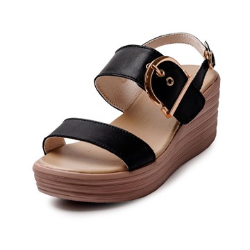 涼鞋 雙寬帶真皮大飾釦楔型涼鞋(黑)＊0101shoes【18-993bk】【現貨】