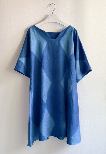 藍染 Aizome 洋裝 板締め 寬鬆 A字連身裙 Breath 亞麻帆布 Shibori 手染