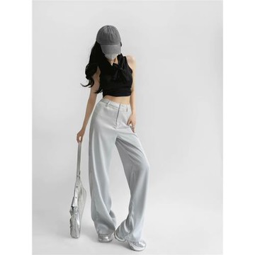 CCA自制松弛感仿綢緞亮面高腰西裝褲寬松闊腿拖地醋酸緞面長褲女