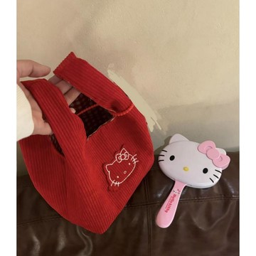 kitty手提包 蘋果紅kitty刺繡收納包燈芯絨可愛百搭通勤便攜手提包小包拎包