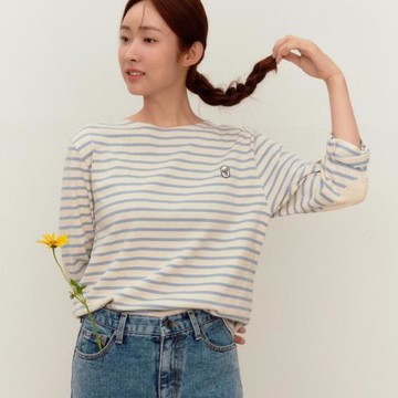 4色車靜媛同款韓國小清新刺繡logo寬松條紋百搭日常長袖全棉T恤女