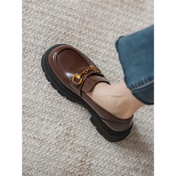 真皮樂福鞋女2023年秋季新款一腳蹬jk小皮鞋女英倫風棕色厚底單鞋