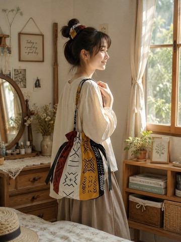 束繩提袋 緞帶束繩 非洲圖案棉布 | Handmade Drawstring Tote Bag