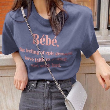 日本 GRL - 棉混百搭印花短袖上衣-Bebe-深藍 (F)