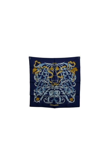 【日本直送 名牌中古包】HERMES 絲巾 Carre 40 海軍藍×金色 流蘇 絲綢 Le Mors à la Conetable gxjjt2