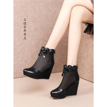 真皮坡跟網紗松糕涼靴女內增高防水臺超高跟鞋蝴蝶結高幫單鞋時尚