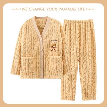 高級感珊瑚絨睡衣女冬季長袖加絨加厚可愛法蘭絨秋冬天家居服套裝