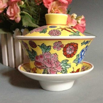 景德鎮廠貨陶瓷器/粉彩手繪黃地萬花三才蓋碗/蓋杯/茶杯/庫存全新1入