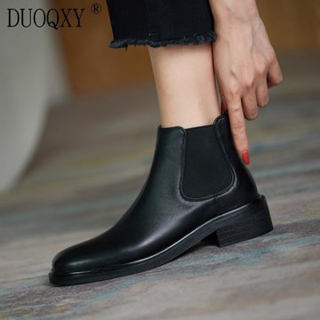 真皮圓頭低幫切爾西靴女粗跟復古短靴女英倫風及踝靴平底裸靴單靴