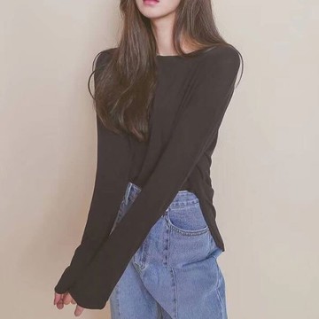 ANNAS 正韓 超舒服 T 露肩 開岔 長袖 棉T 上衣 彈性 質感 柔軟 百搭 素面 性感 遮陽 韓國