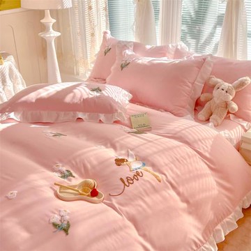 小紅書床上用品床單床笠四件套柔軟毛巾繡花邊工藝公主風耐磨耐用