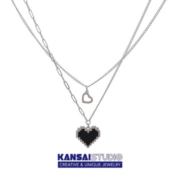 KANSAI黑色馬賽克愛心像素桃心吊墜雙層疊帶項鍊ins冷淡風嘻哈潮