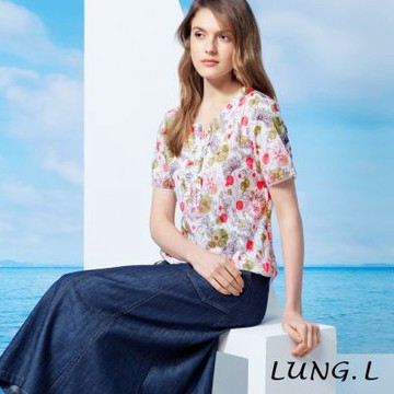 LUNG.L林佳樺 粉色清新碎花半開和葉門襟棉質短袖女裝上衣 LU94A