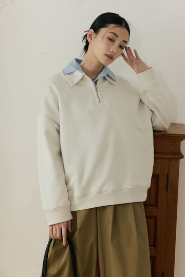 翻領單拉鍊羅紋上衣(淺米杏)