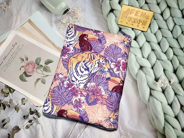 森林系列-薄棉布料動物款紫底花老虎拉鍊書衣-布書套-適用A5-25K