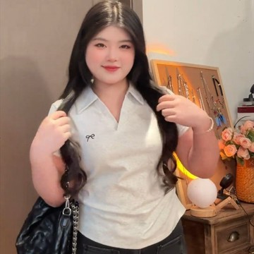T恤女 上衣 T恤 短袖上衣 短袖衫 純棉大碼刺繡polo領正肩短袖t恤女夏季胖mm美式收腰顯瘦褶皺上衣  上衣