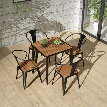 現代簡約露天休閑小桌椅室外花園鐵藝塑木桌咖啡廳奶茶店戶外桌椅[DD050209]