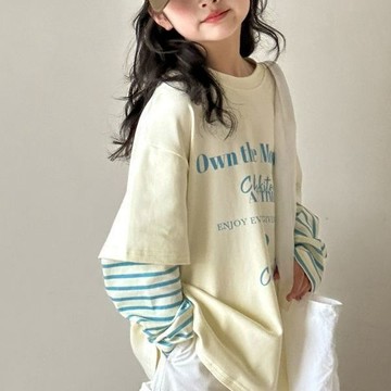 【台灣出貨】女童袖子t恤春裝2025新款中大童假兩件百搭兒童打底衫春秋款上衣洋氣百搭袖子上衣T恤假兩件兒童上衣