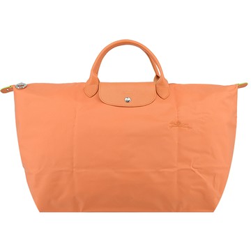 LONGCHAMP LE PLIAGE GREEN系列刺繡短把再生尼龍摺疊旅行袋(小/橙)