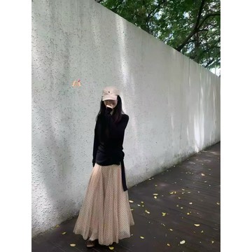 Muun Studio法式歐根紗波點半身裙女植絨秋季網紗裙
