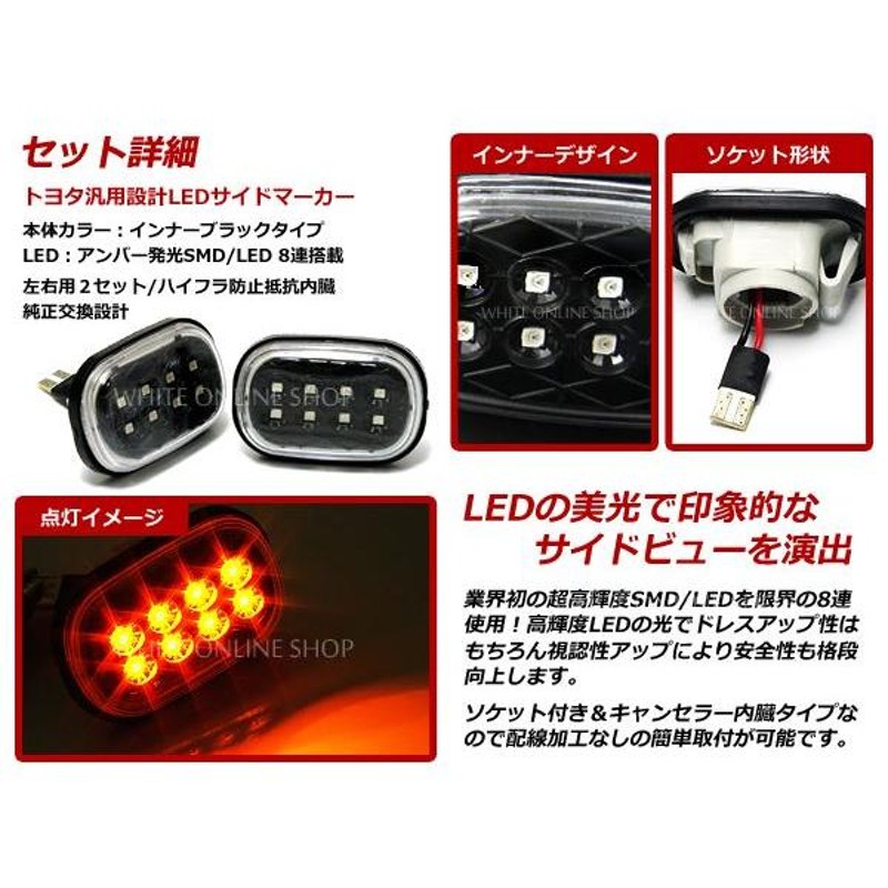 LED サイドマーカー スモークレンズ ハイフラ防止抵抗内蔵 MR-2 20系 MR-S 30系 RAV4 10系 20系 アリスト 160系  スープラ 80系 トレノ 110系 エスティマ 30系 40系 ハリアー 10系 30系 ハイラックスサーフ 210系 215系