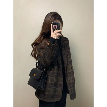 呢子外套 韓版外套 防風外套 保暖外套 複古小香風格子西裝呢子外套 韓係 加厚 西裝外套 顯瘦百搭毛呢女生外套 西裝外套