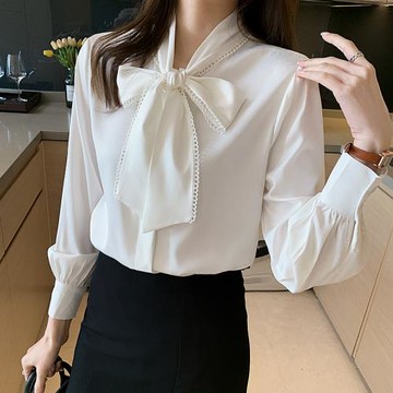 春裝新款白色緞面雪紡襯衫女長袖蝴蝶結襯衣氣質百搭系帶上衣秋冬
