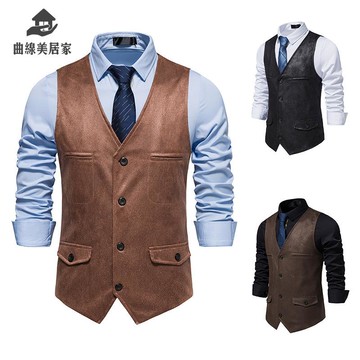 2025新款潮歐美V領麂皮絨單排扣 外套男休閑馬甲男 背心Q9/15