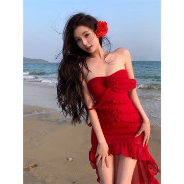 法式性感純欲風重工荷葉邊拖尾不規則抹胸長裙度假紅色雪紡連衣裙